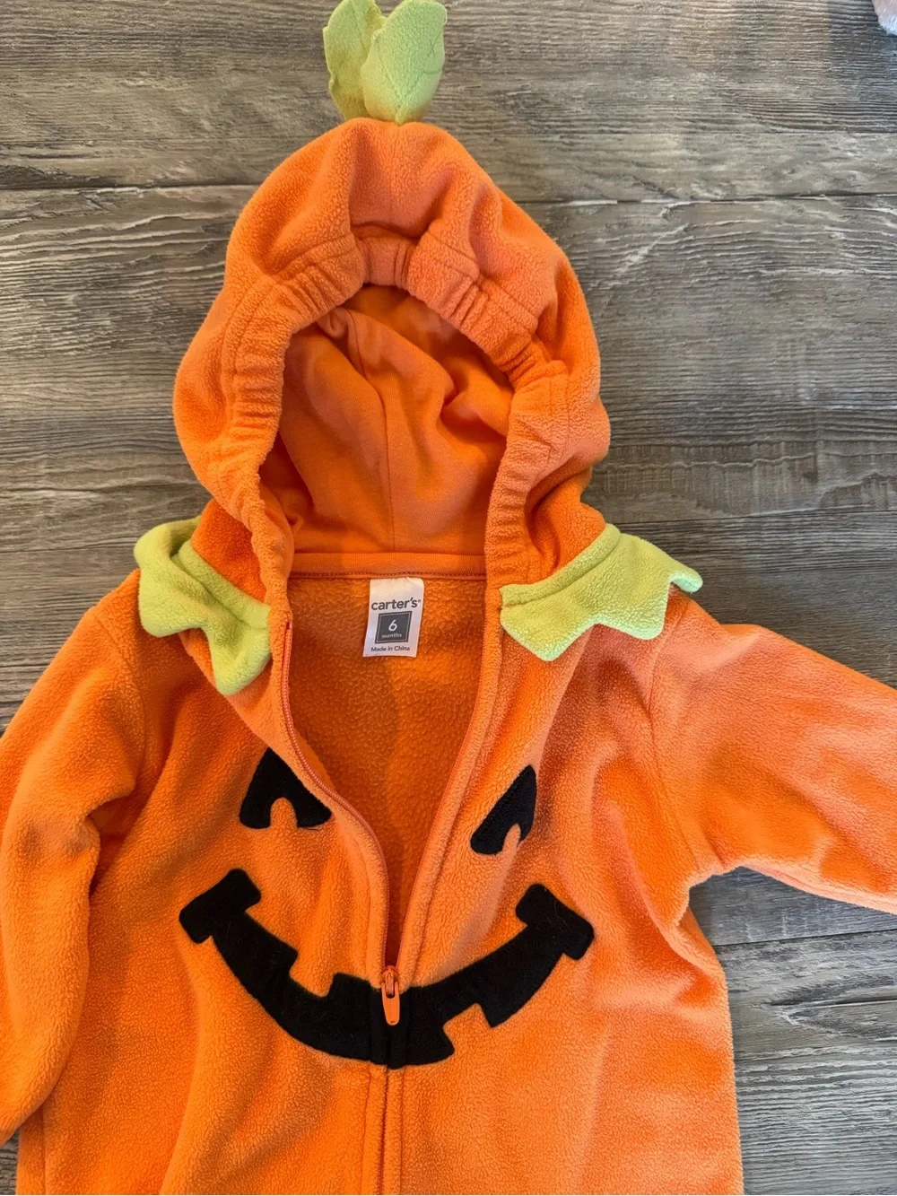 Carter's Orange Pumpkin Hooded One-Piece Costume with Green Leaf Trim